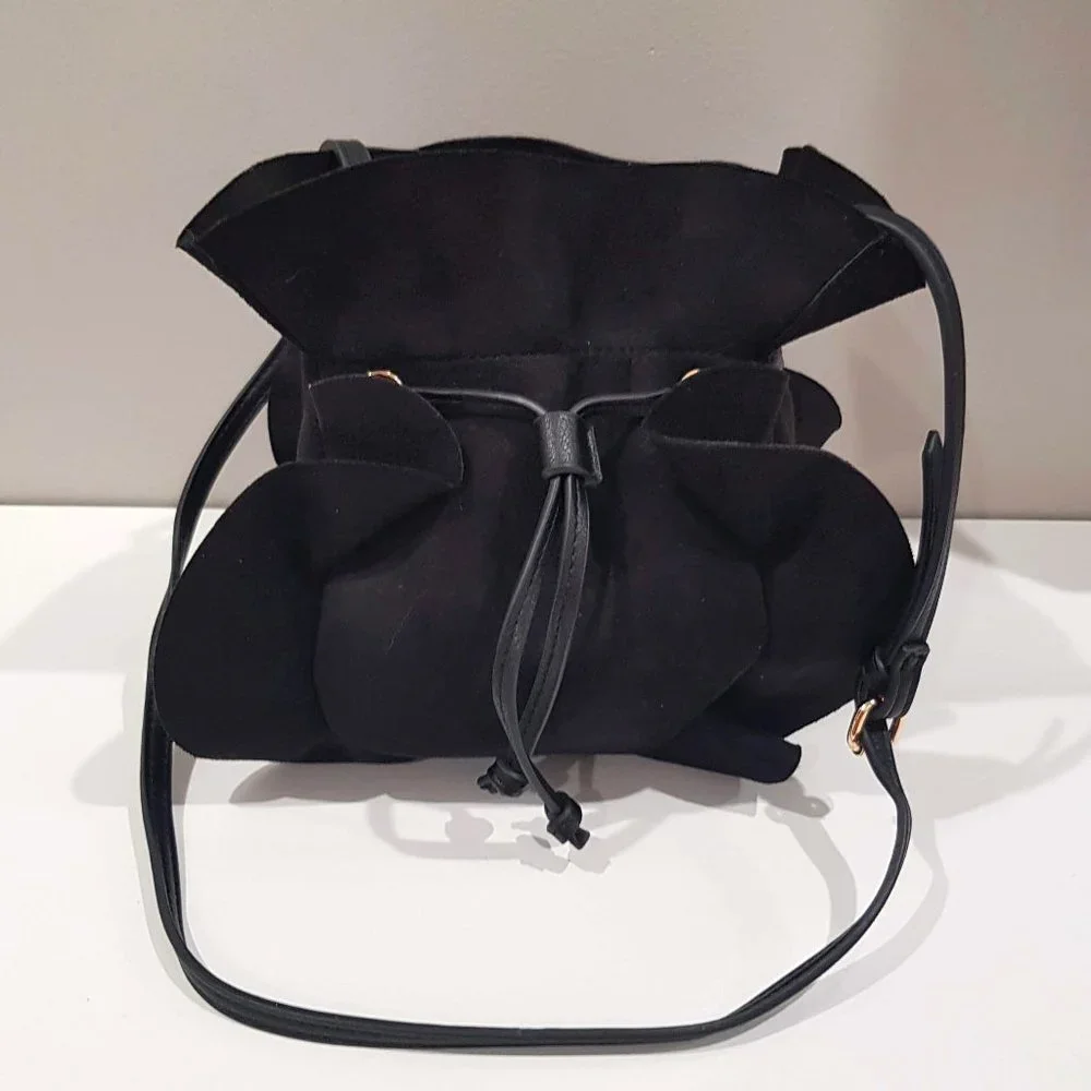 SEED Black Suede Like Ruffled Drawstring Bucket Bag - Picture 1 of 11